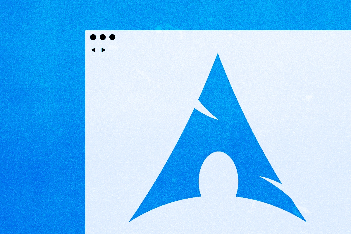 Large Arch Linux logo filling a pale stylized browser window on a bright blue background