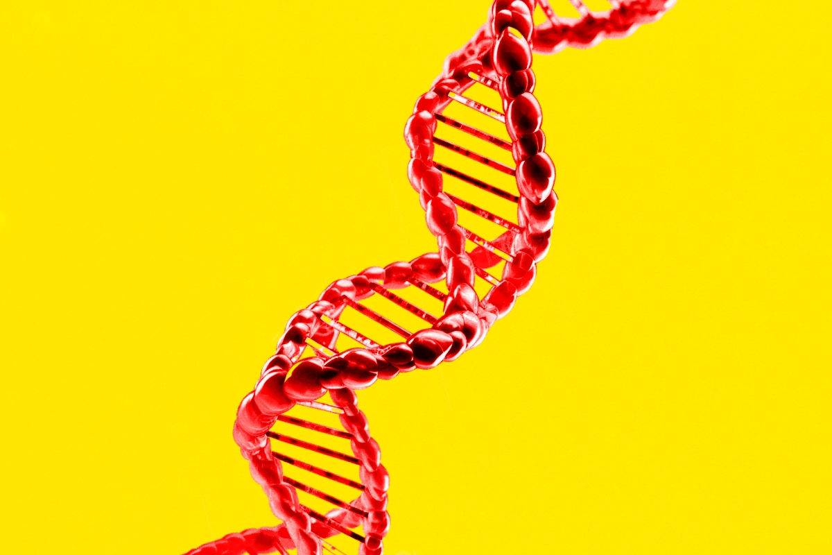 A DNA double helix rendered in soft focus against a dark background, with one base pair highlighted