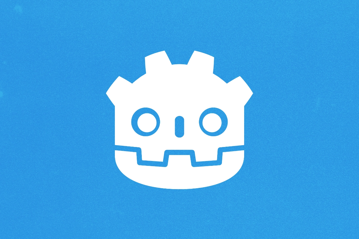 White Godot robot head mascot logo centered on a bright blue textured background