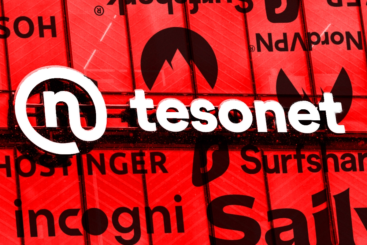 White "tesonet" logo over a red collage of NordVPN, Surfshark, Hostinger and Incogni logos
