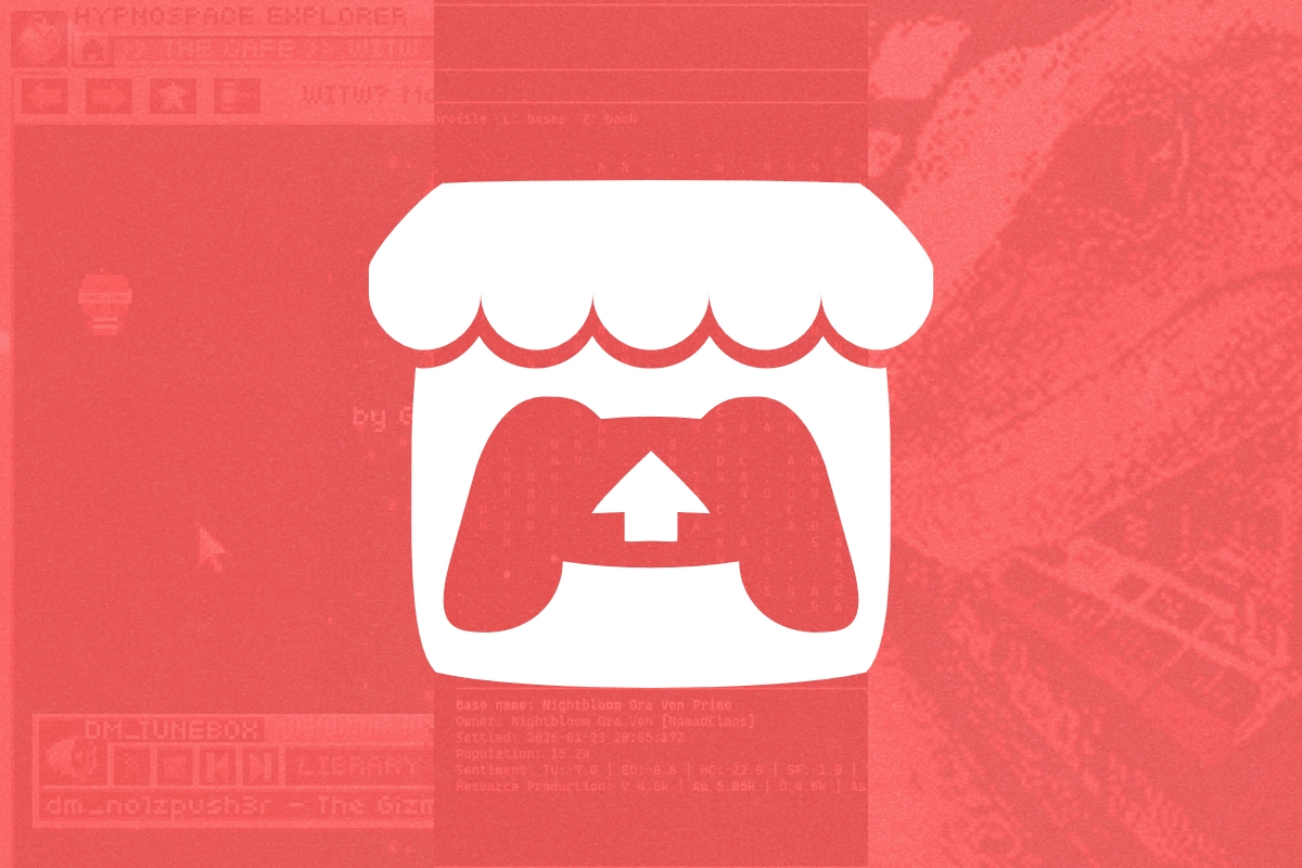 White itch.io storefront logo over a red tinted collage of indie game screenshots