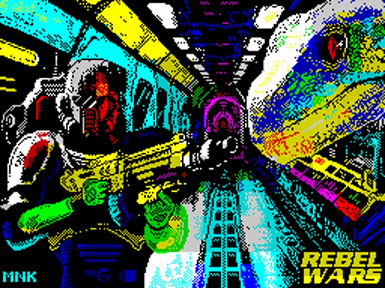 Pixel art soldier aiming a rifle at a giant serpent in a corridor, titled "REBEL WARS"
