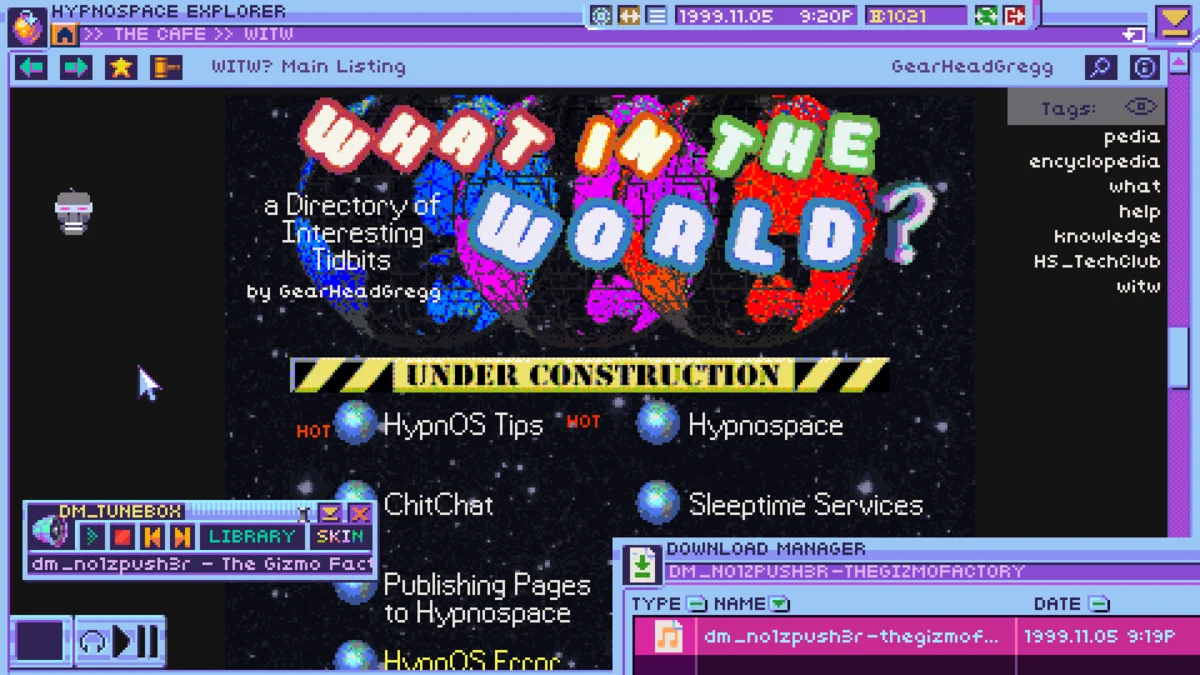 Retro 1990s browser called "HYPNOSPACE EXPLORER" displaying a colorful "What in the World?" webpage