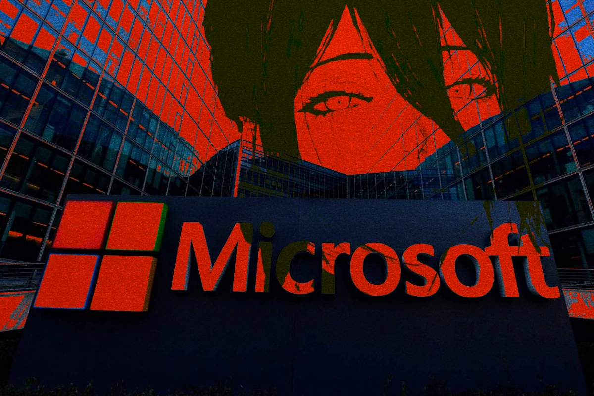 Giant anime face looms over a glowing red 'Microsoft' sign outside glass office buildings