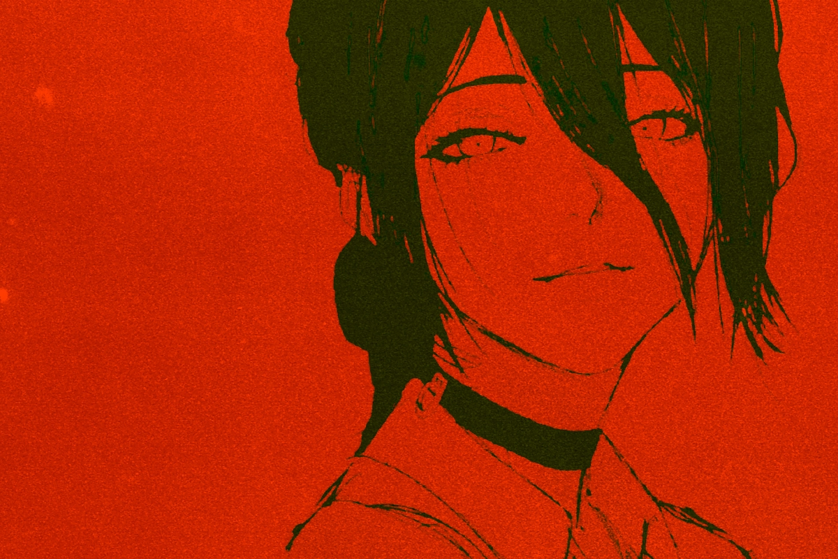 Sketchy anime-style portrait of a dark-haired figure with a choker, rendered in stark red monochrome