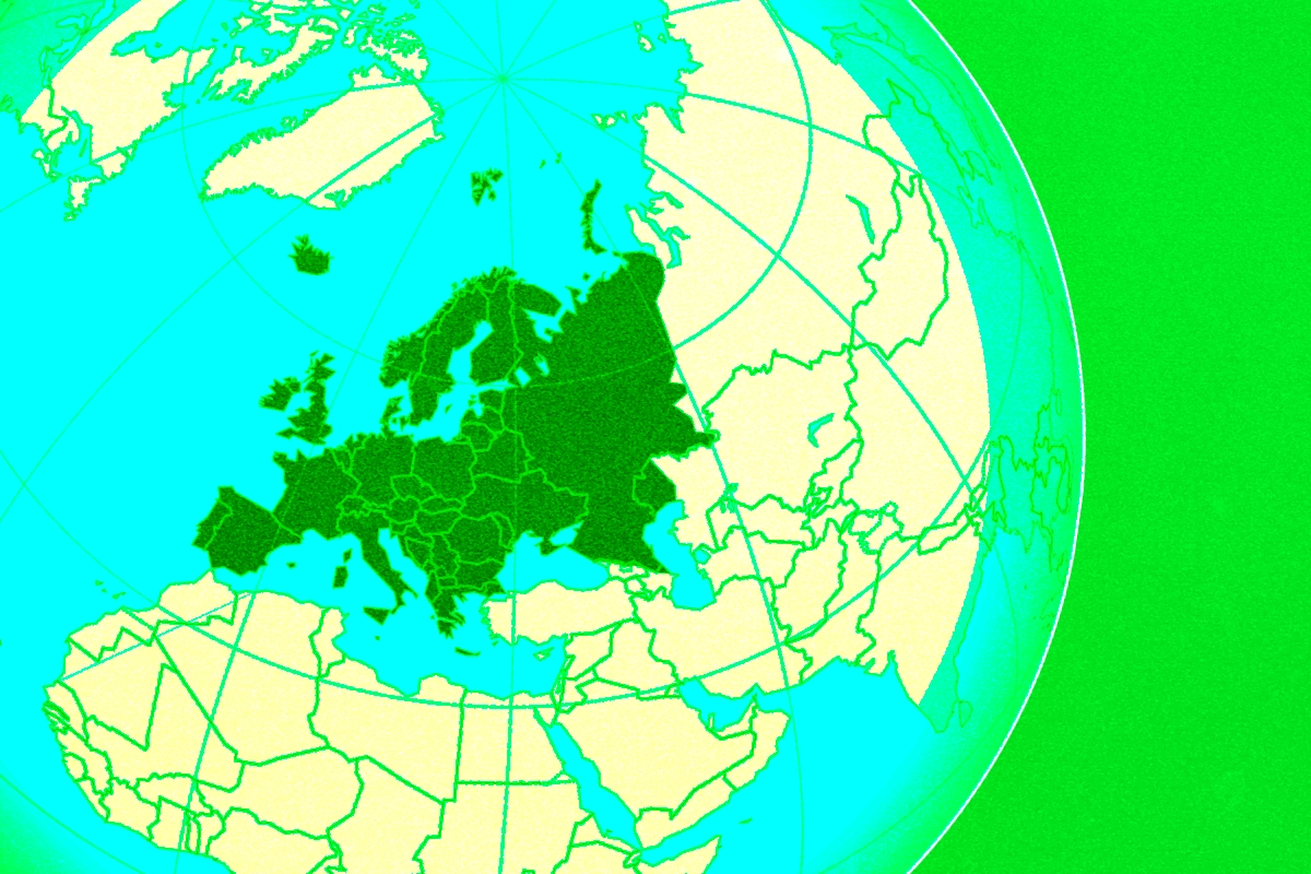 Stylized globe in bright green tones with the countries of Europe shaded dark