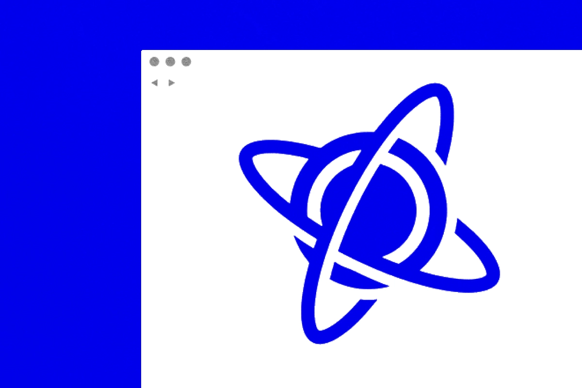Minimal browser window displaying a large blue atom-style orbit logo on a blue background
