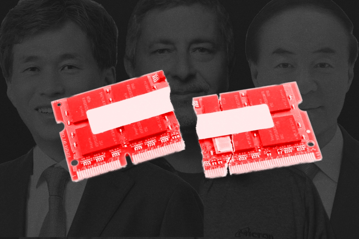 Two red-tinted laptop RAM sticks, one snapped in half, over grayscale portraits of three executives