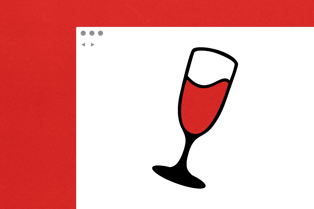 Cartoon glass of red wine inside a minimal white browser window on a red background